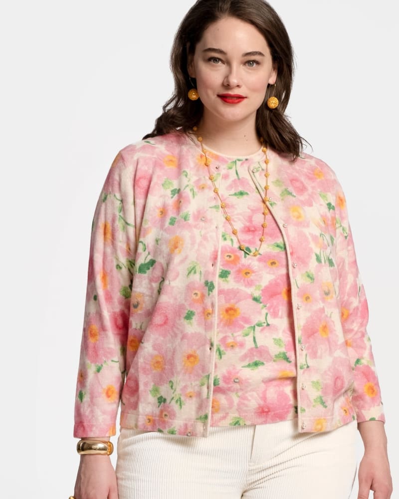 Front of a model wearing a size XL Darling Cardigan Poppy in Poppy by Frances Valentine. | dia_product_style_image_id:242825